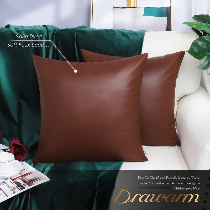 BRAWARM Faux Leather Throw Pillow Covers 16 X 16 Inches - Brown Leather Pilow Covers Pack of 2, Solid Dyed Leather Pillowcases for Couch Bed Sofa Garden Home Decorative - Image 2